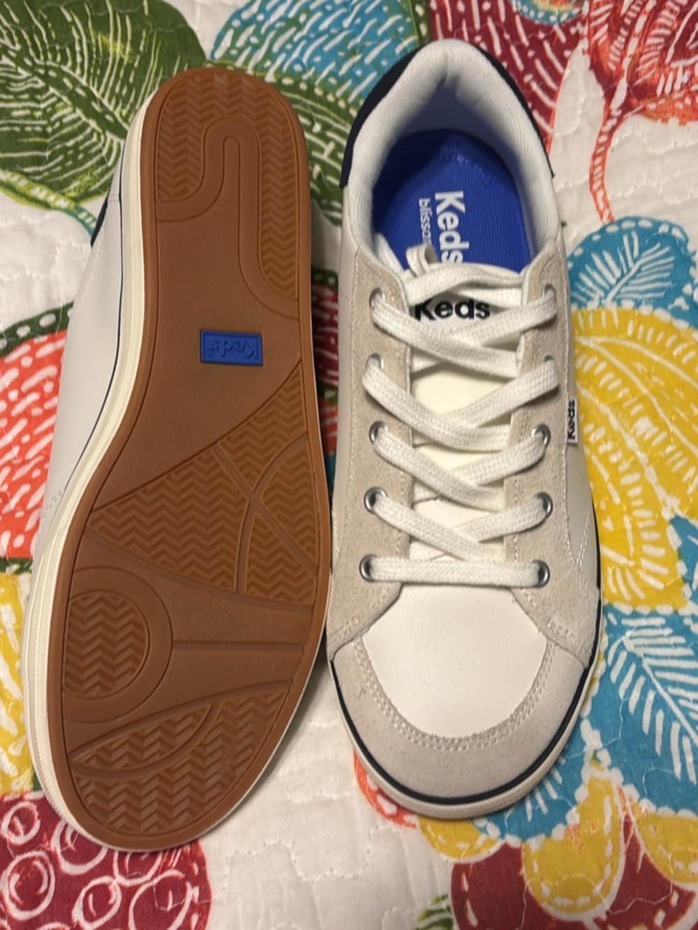 Keds women’s  White and Tan Lace-Up Sneakers with Blue Insole